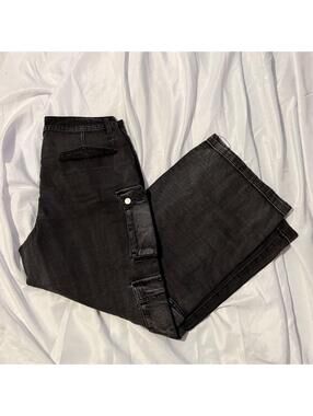 Fashion Nova Black Acid Wash Wide Leg Cargo Jeans